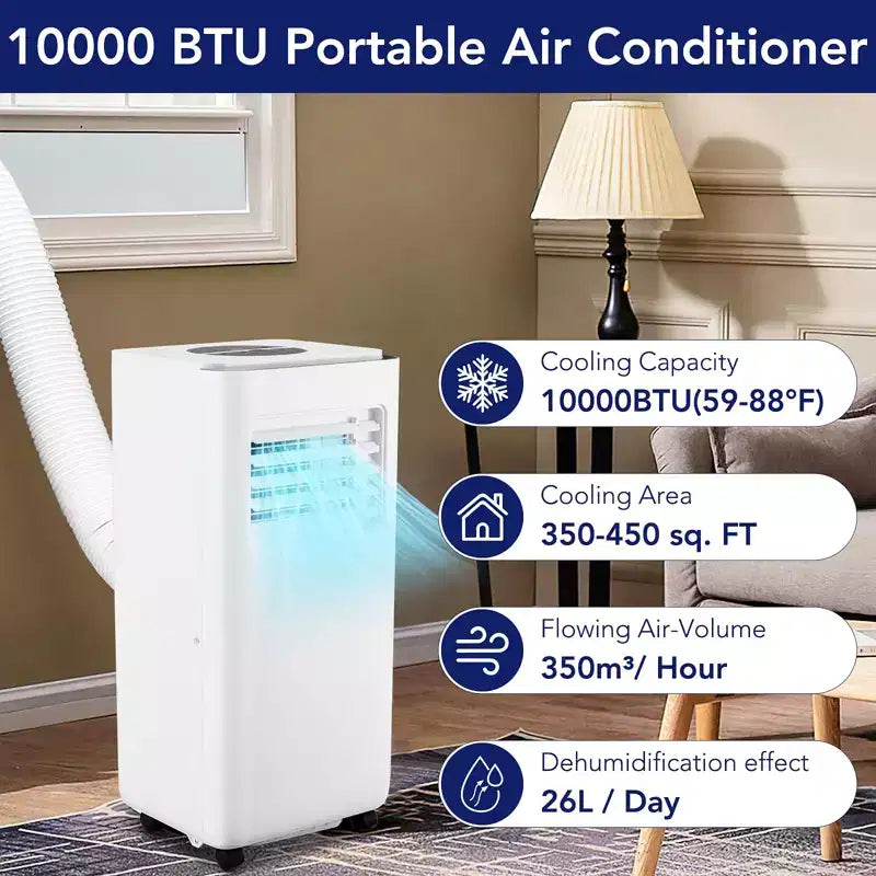10,000 BTU Portable Air Conditioner - 3-in-1 Energy Efficient AC for Camping & Rooms Up to 450 Sq.Ft. Includes Dehumidifier, Fan, Remote & Window Kit