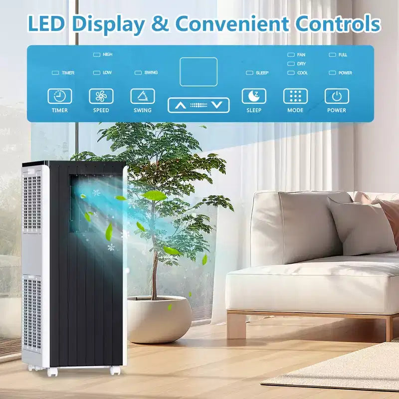 Aire acondicionado portátil de 8.000 BTU, deshumidificador y ventilador integrados. Enfría 32,5 m². Incluye temporizador, modo de suspensión, control remoto y kit de ventana.