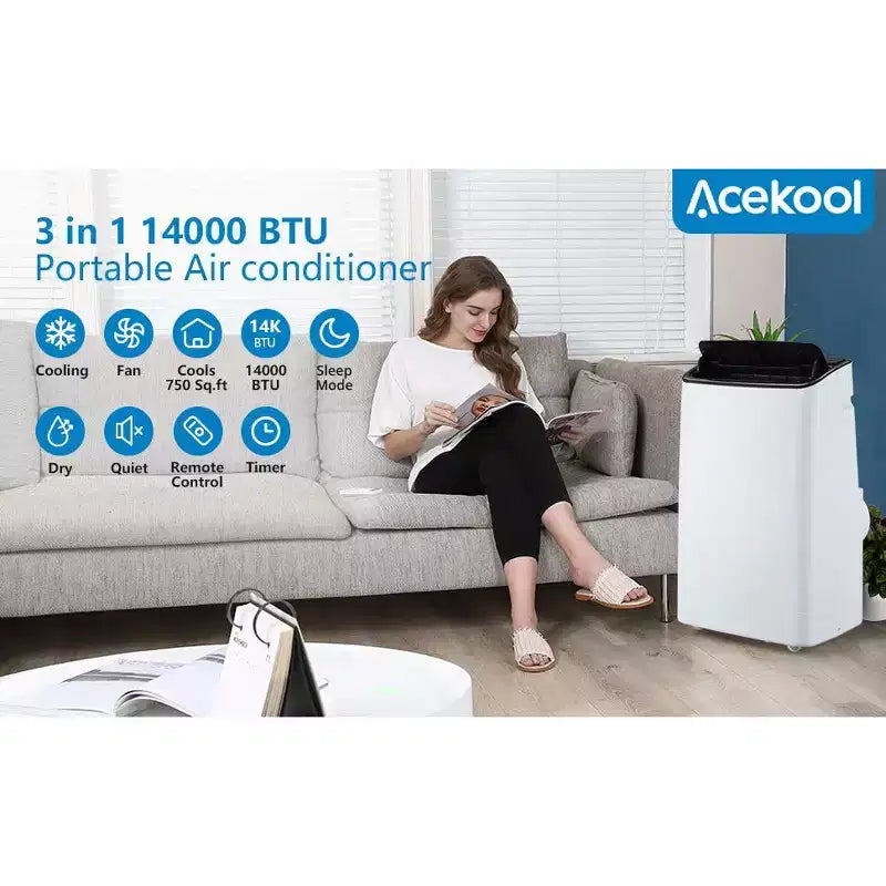 Acekool Aire Acondicionado Portátil de 14000 BTU, Unidad de CA 3 en 1 con WiFi, enfría y calienta hasta 65 m², control remoto, para sala de estar/RV/espacio de trabajo