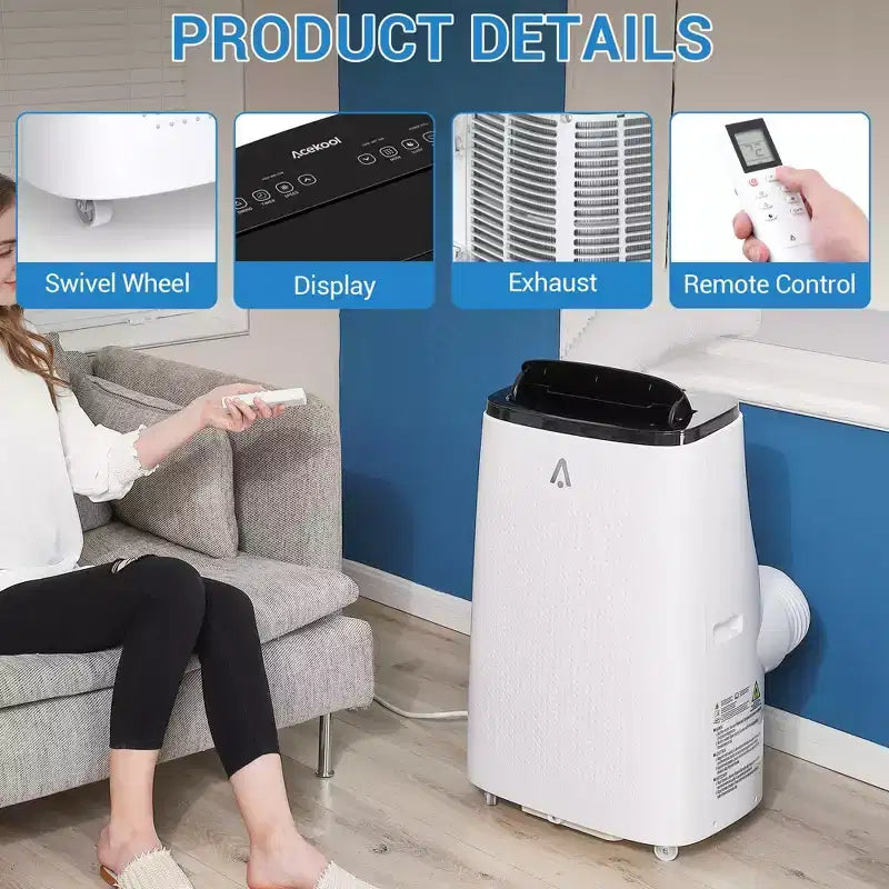 Acekool 15000 BTU Smart Portable Air Conditioner, 5-in-1 Indoor AC, Remote, Silent, Up to 850 Sq Ft, for Bedroom Office, Black Top