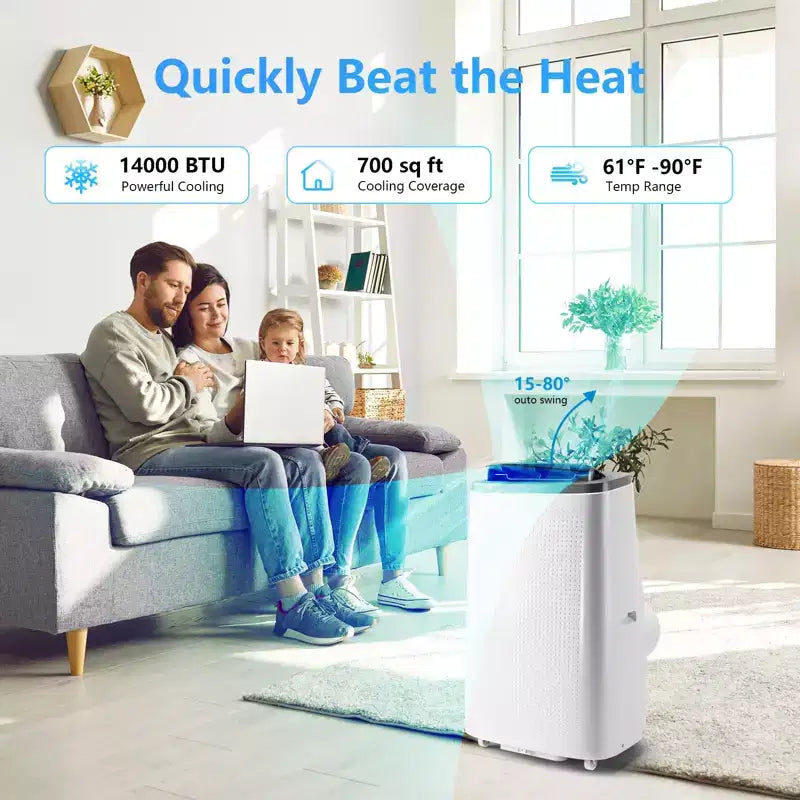14000 BTU Portable Air Conditioner - Cooling, Dehumidifier & Fan for 700 Sq Ft with Remote & Auto Swing, One-year warranty