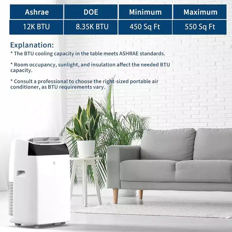 GustoWave 12000 BTU Portable Air Conditioner, 3-IN-1 Smart AC Units with Remote Control for Rooms up to 550 Sq.ft