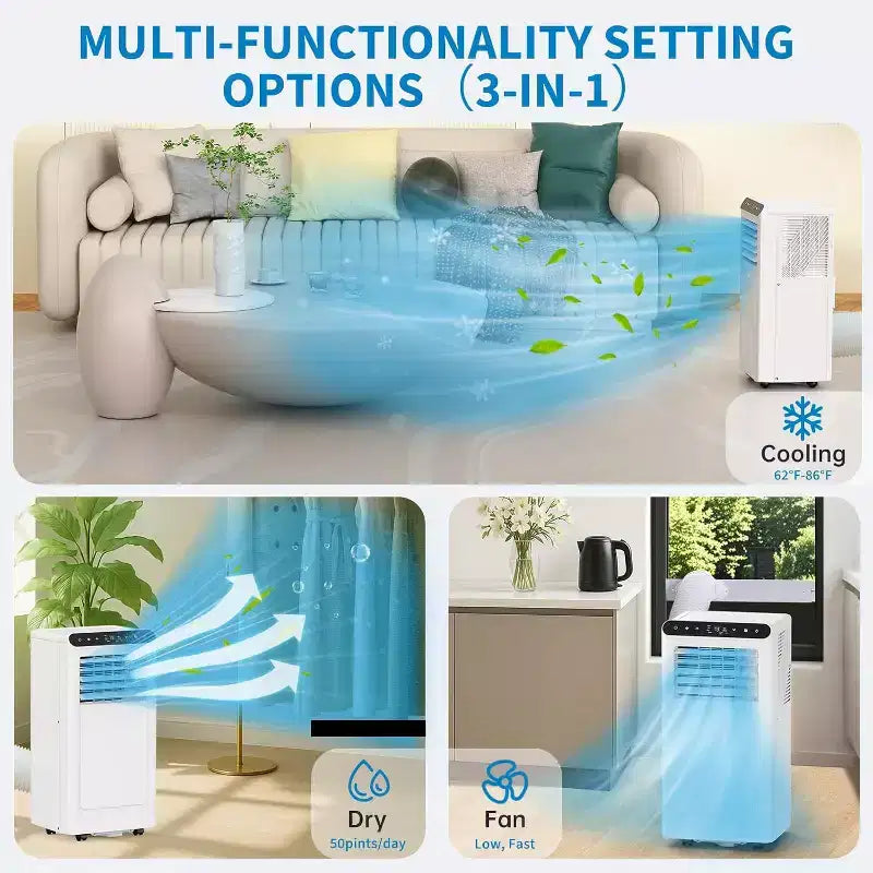 GustoWave 8,000 BTU 3-in-1 Portable Air Conditioner - Cools Up to 450 Sq.Ft, Quiet <42dB with 24H Timer & Remote, Floor Standing