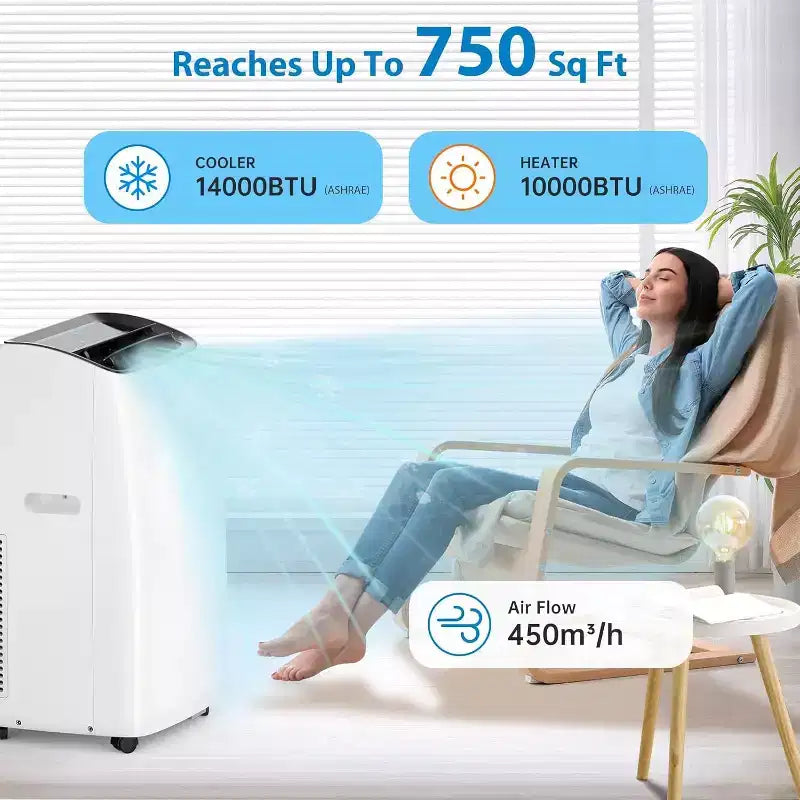 GustoWave 14000 BTU Portable Air Conditioner with Heater, Indoor AC Unit for Rooms up to 750 Sq.ft, White/Black