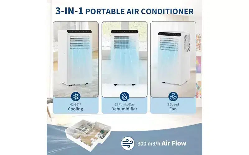GustoWave 10000 BTU Portable AC 3-in-1 Cooling Dehumidifier Sleep Remote Quiet Black Panel Bedroom Office Apartment