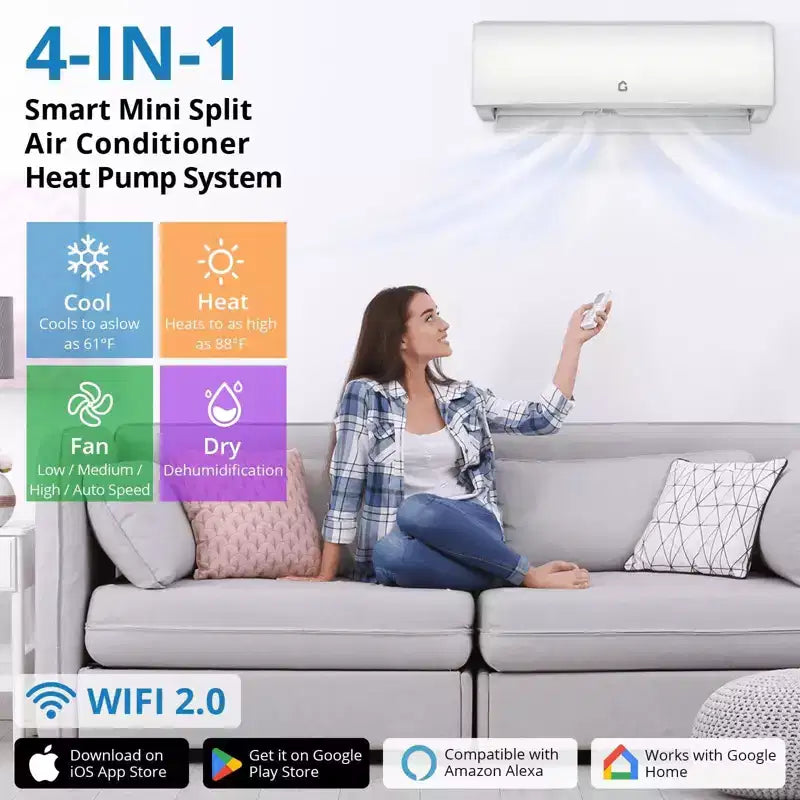Acekool 11500 BTU Mini Split Air Conditioner and Heater, Wi-Fi Ductless Inverter AC 230V, Cools Heats 750 Sq.Ft, White