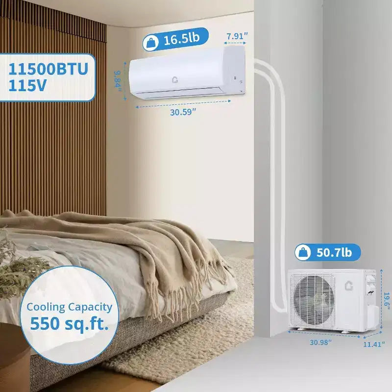 Acekool 11500 BTU Mini Split Air Conditioner and Heater, Wi-Fi Ductless Inverter AC 230V, Cools Heats 750 Sq.Ft, White