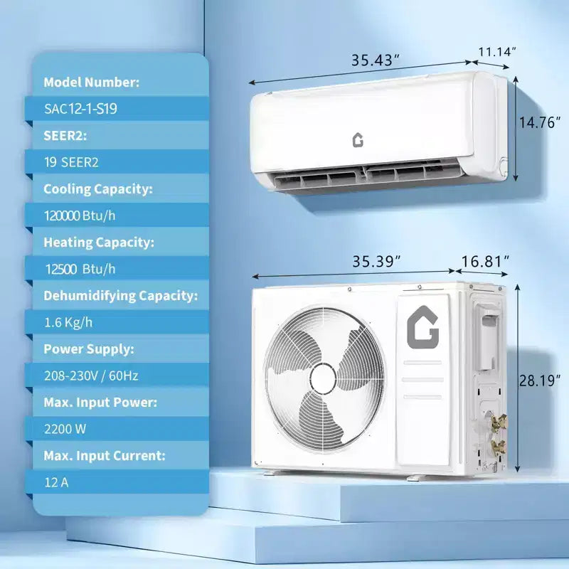 Acekool 12,000 BTU 19 SEER2 Mini Split Aire Acondicionado y Calefactor, Inverter, 208-230V, Blanco, Control Remoto y Temporizador