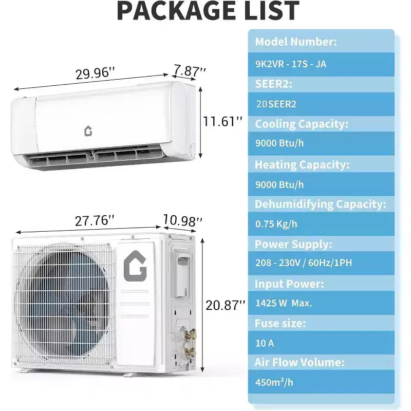9000 BTU Mini Split AC & Heater - 20 SEER2 Ductless Inverter System, Self-Cleaning, WiFi/Alexa/Remote, Installation Kit, Cools 450 Sq.Ft, US Standard