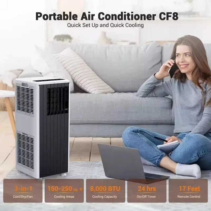 Garvee 8000 BTU Portable Air Conditioner, 3-in-1 AC with Cooling/Dehumidifier/Fan, Remote, 24H Timer, Cools 350 Sq Ft