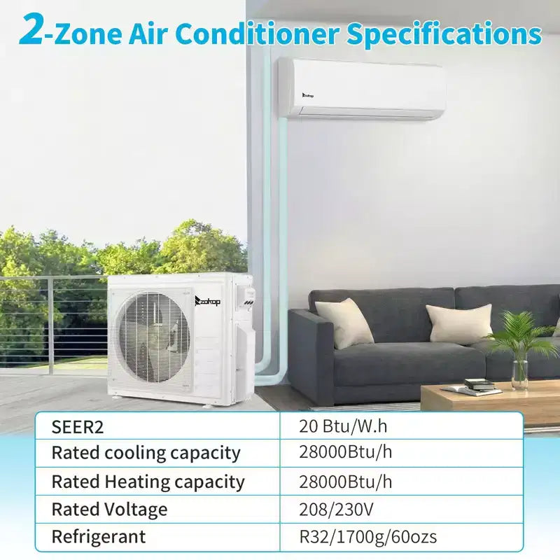 Karl Home 2-Zone 28000 BTU 20 SEER2 Mini Split Air Conditioner with Heat Pump (12K+12K)
