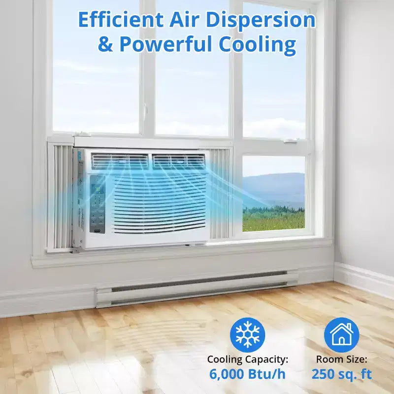 6000 BTU Window Air Conditioner, Cools Up to 350 Sq. Ft, Window AC Unit with Remote, 3 fan speeds, Sleep mode, Auto Restart, 115V/60Hz, White