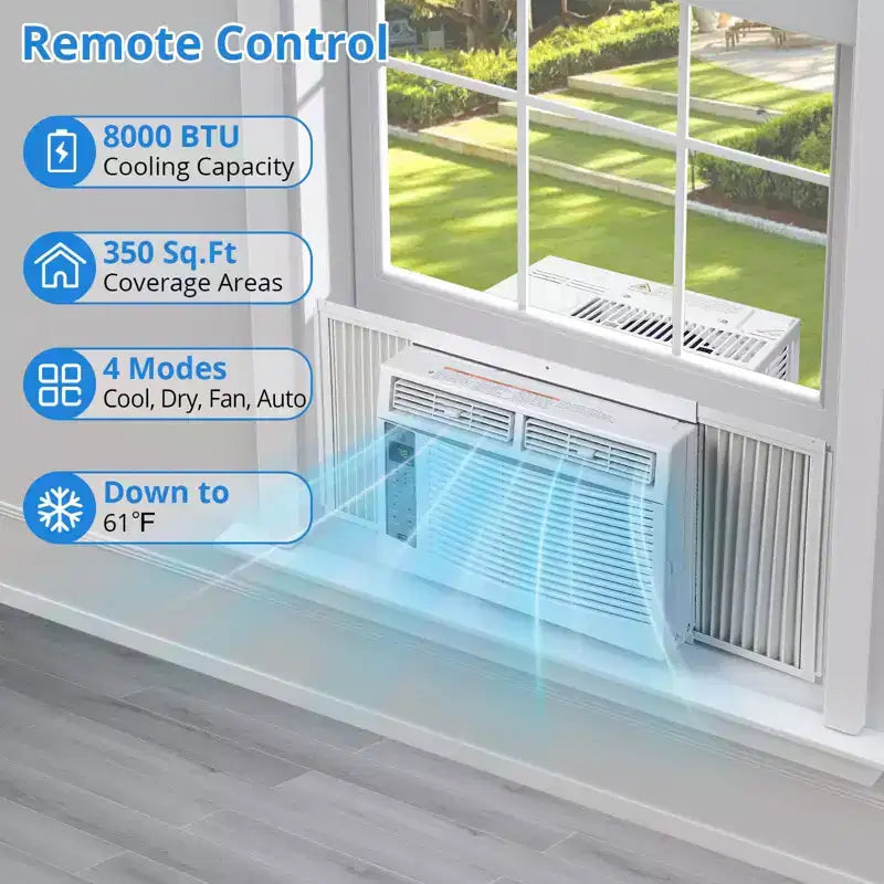 8,000 Btu Window Air Conditioner, Cools Up to 350 Sq. Ft with Cooling, 3 Fan Speed, Window-Mounted Room Ac Window Unit with Remote, Easy Install Kit