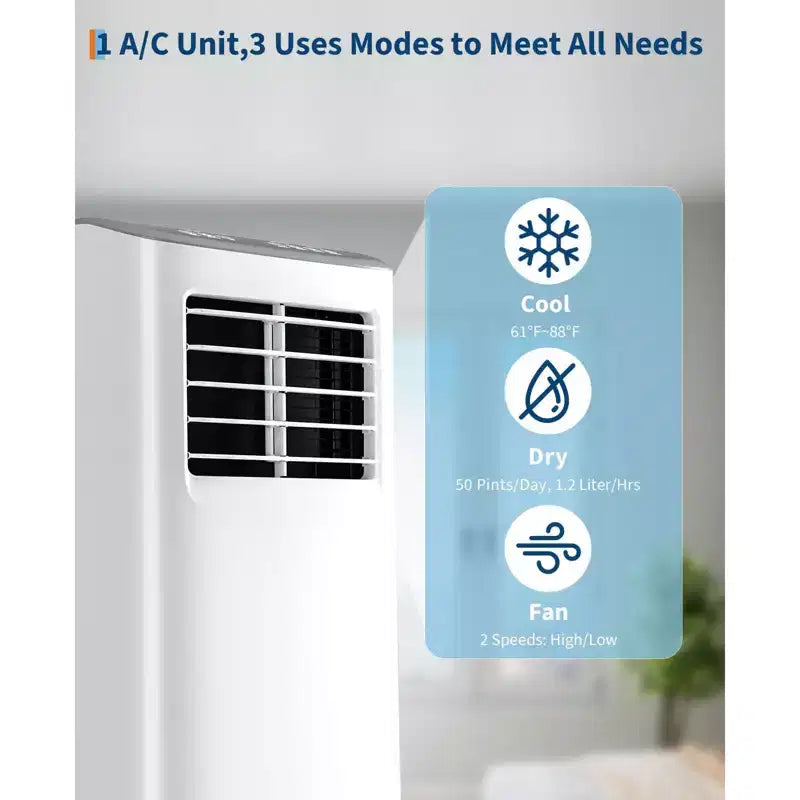 Acondicionador de aire portátil, 8000 BTU, enfriamiento silencioso con control remoto, diseño sin ventilación y autoevaporación, para habitaciones grandes, unidad de aire acondicionado de pie.