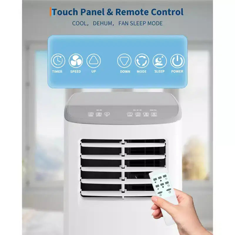Acondicionador de aire portátil, 8000 BTU, enfriamiento silencioso con control remoto, diseño sin ventilación y autoevaporación, para habitaciones grandes, unidad de aire acondicionado de pie.