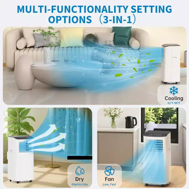 Acondicionador de aire portátil, 8000 BTU, enfriamiento silencioso con control remoto, diseño sin ventilación y autoevaporación, para habitaciones grandes, unidad de aire acondicionado de pie.