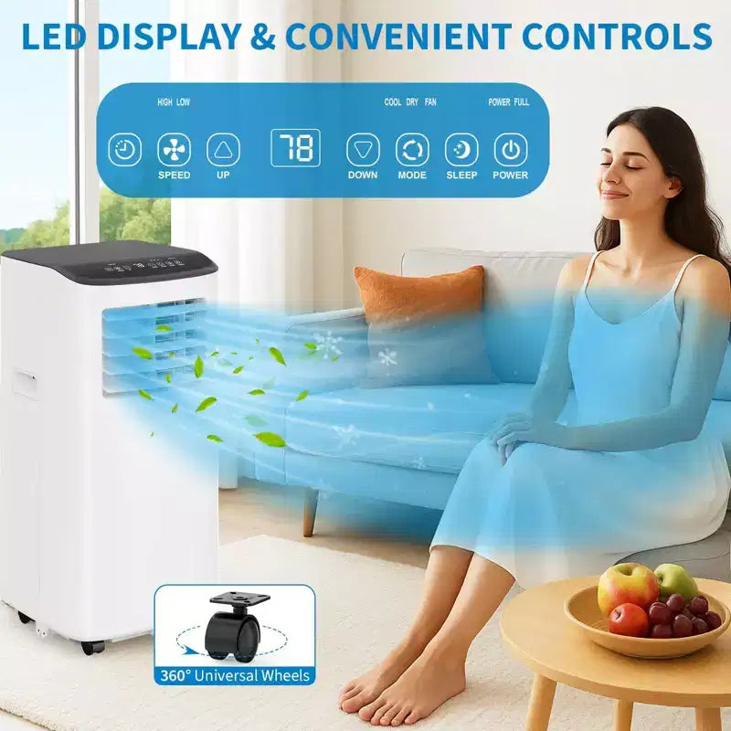 Acondicionador de aire portátil, 8000 BTU, enfriamiento silencioso con control remoto, diseño sin ventilación y autoevaporación, para habitaciones grandes, unidad de aire acondicionado de pie.