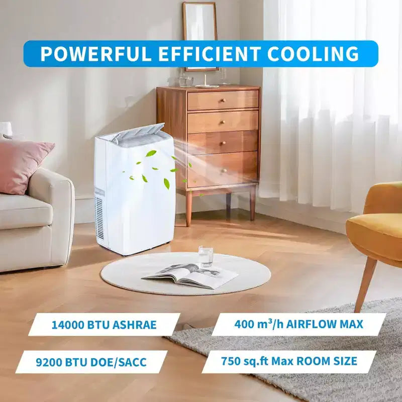 14,000 BTU Portable AC Unit Multi-Functional Cooling Dehumidifier Fan Automatic Dehumidification LED Touch Panel Remote Window Vent Kit