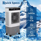 Air Cooler Evaporative Air Cooler with Water Tank, 4 Ice Packs, 3-Speed, 120 Oscillation, Remote Control and 12H Timer, 150W Portable Floor
