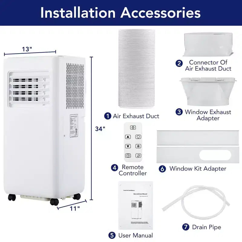 10000 BTU Portable Air Conditioner - 3-in-1 Cooling, Dehumidifier, Fan for Rooms Up to 450 Sq ft, with Remote, Sleep Mode, 24H Timer & Easy Mobility