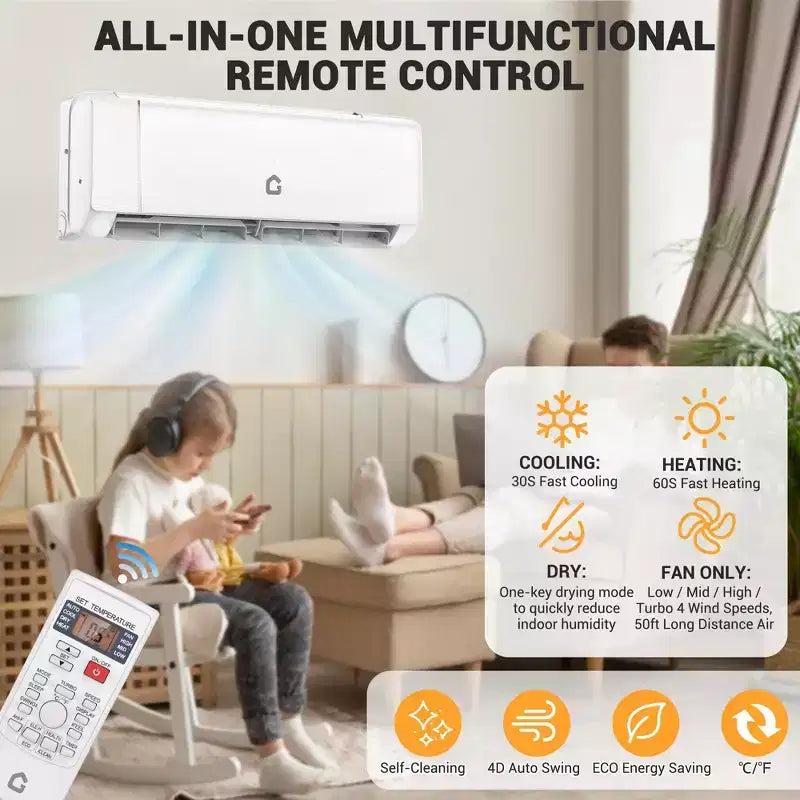 12,000 BTU Mini Split Air Conditioner,22 SEER2,750 Sq.Ft Cooling/Heating,Smart Inverter,Alexa WiFi Control, 5 Modes (Cool/Heat/Dehumid/Fan/Sleep)