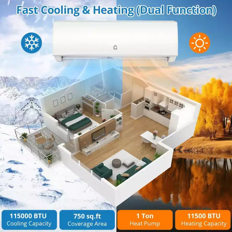 111500 BTU Mini Split AC/Heating System, 230V WIFI Enabled Energy Efficient Mini Split Unit,Wall-Mounted Split Air Conditioner,Cools Up to 750 Sq.Ft