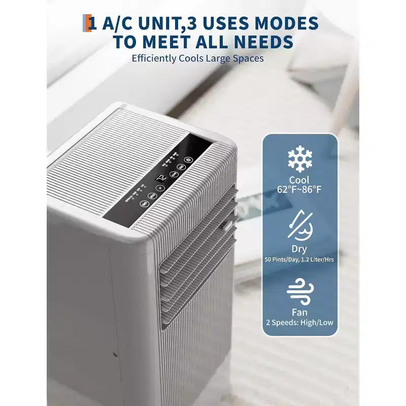 Aire acondicionado portátil de 10,000 BTU, 3 en 1, gris (1 unidad) para el hogar, dormitorio y oficina | Incluye control remoto, kit para ventana y ruedas para fácil movilidad