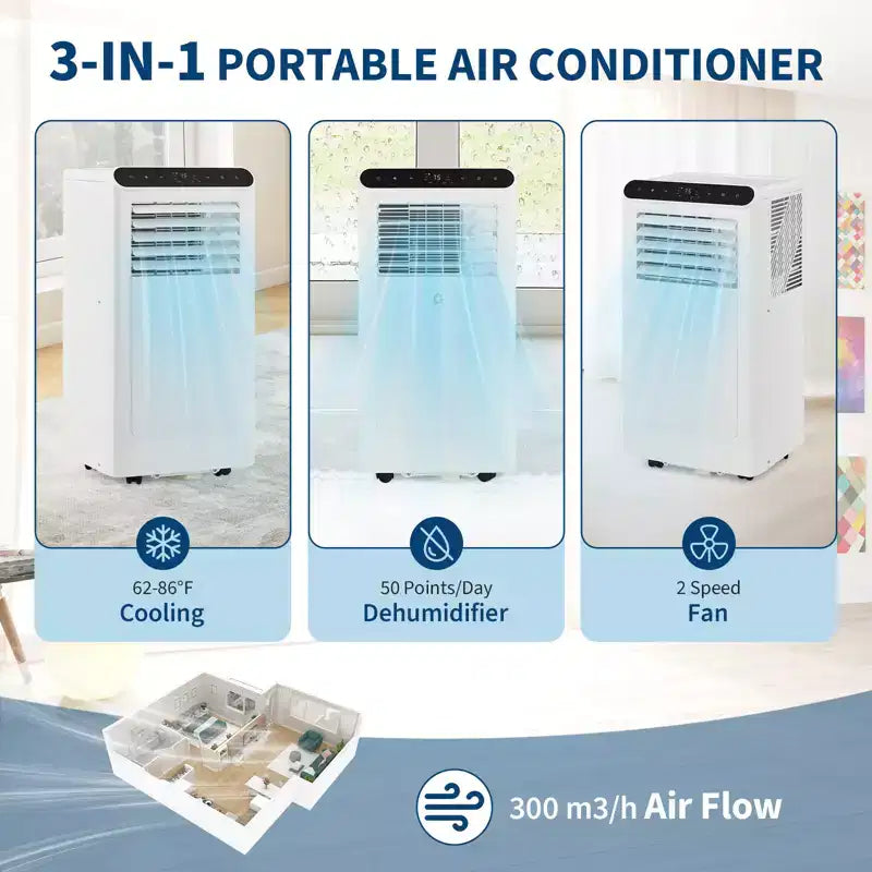 8,000 BTU Portable AC  3-in-1 Air Conditioner (1 Pack) for Rooms Up to 350 Sq.Ft | Compact Design with Window Kit & 24H Timer