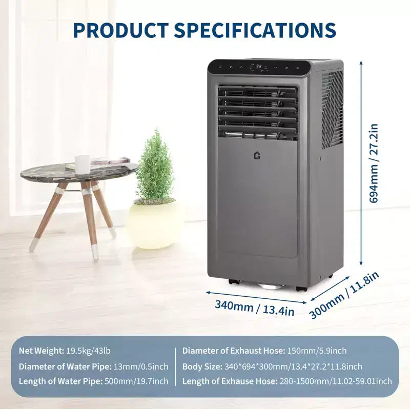 10,000 BTU Portable AC  3-in-1 Gray/Black Air Conditioner(1 Pack)for Rooms Up to 450 Sq.Ft | Includes Remote,Window Kit & 24H Timer for Home/Hotel