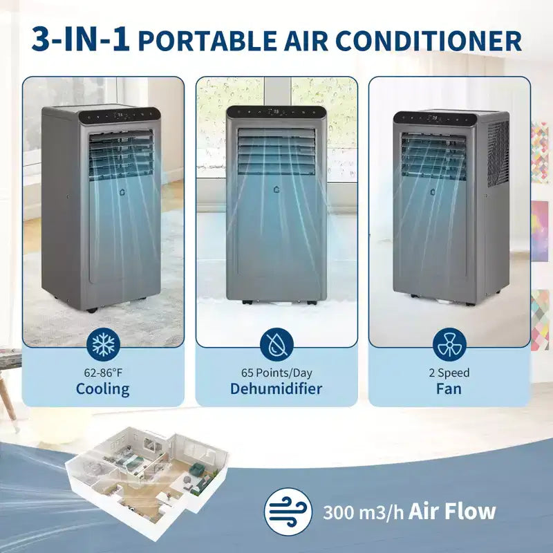 10,000 BTU Portable AC  3-in-1 Gray/Black Air Conditioner(1 Pack)for Rooms Up to 450 Sq.Ft | Includes Remote,Window Kit & 24H Timer for Home/Hotel