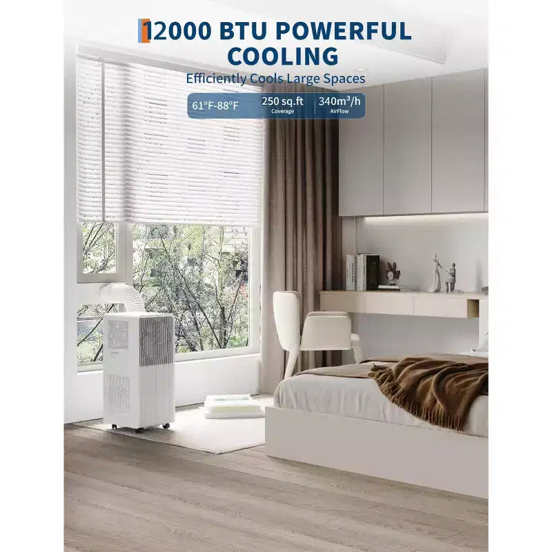 Aire Acondicionado Portátil de 12,000 BTU - Aire Acondicionado Blanco 3 en 1 (1 Paquete) para Habitaciones Pequeñas de 190-250 Pies Cuadrados | Sin Drenaje con Control Remoto y Kit para Ventana