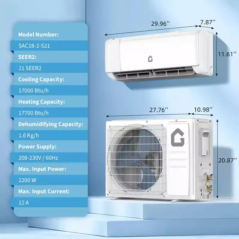 12000/18,000 BTU Energy Efficient Mini Split AC & Heater  21 SEER2, Quiet Ductless Inverter, WiFi Enabled, 230V  Cools & Heats up to 1000 Sq. Ft