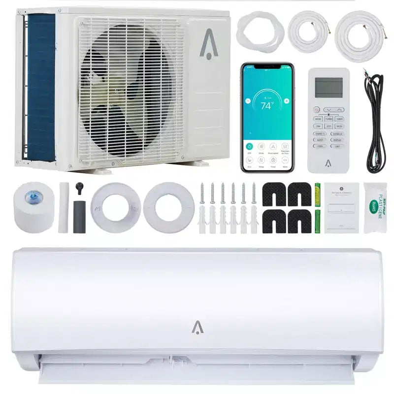 9,000 Btus Mini Split AC, 19 SEER2 Wall Mounted AC with Heat Pump & Installation Kits,Cools up to 450 Sq.Ft, WIFI and Remote Control, 115V