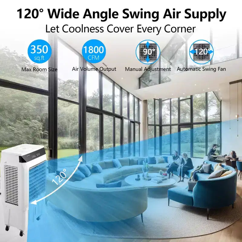Portable Evaporative Swamp Cooler with 120 Oscillation, 3 Modes & Speeds, Water Cooling Fan for Indoor/Outdoor Patio, Garage & Commercial Use