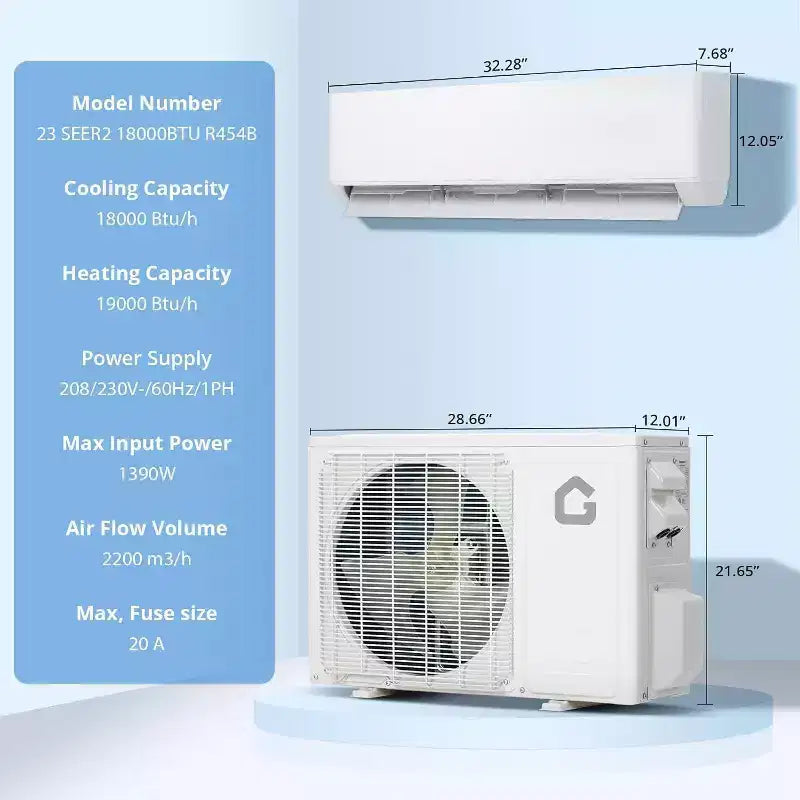 18,000 BTU 23 SEER2 Mini Split AC/Heat Pump - WiFi/Alexa, Ultra-Quiet, 208-230V, White, Cools/Heats 1,250 Sq.Ft, Complete Installation Kit
