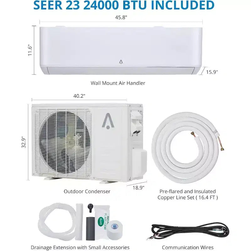 24,000 BTU 23 SEER2 Mini Split AC/Heat Pump - WiFi Smart, Wall Mounted, White, Cools/Heats 1500 Sq.Ft, Includes 16ft Copper Line Kit