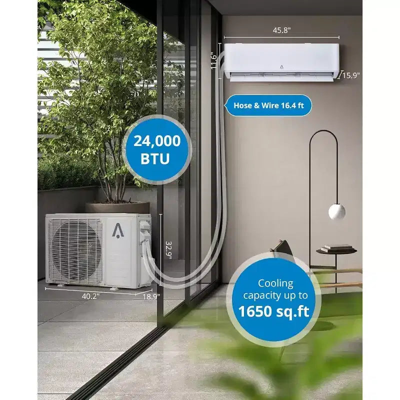 24,000 BTU 23 SEER2 Mini Split AC/Heat Pump - WiFi Smart, Wall Mounted, White, Cools/Heats 1500 Sq.Ft, Includes 16ft Copper Line Kit