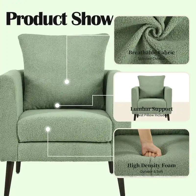 Sillón tapizado verde 26.77 con patas de madera maciza