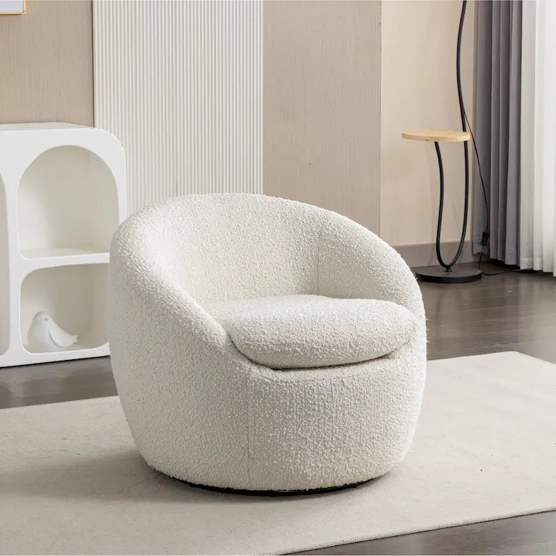Sillón barril tapizado en bouclé blanco crema 31 con base giratoria