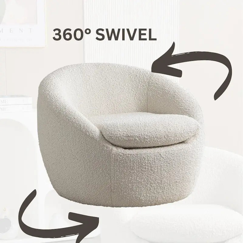 Sillón barril tapizado en bouclé blanco crema 31 con base giratoria