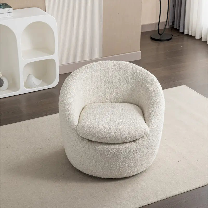 Sillón barril tapizado en bouclé blanco crema 31 con base giratoria