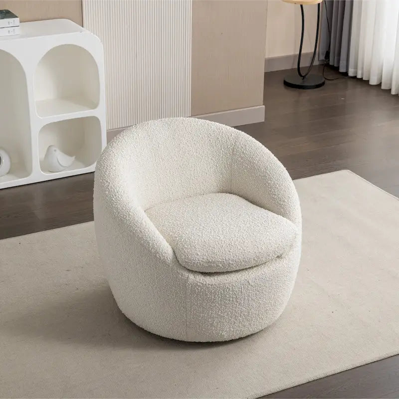 Sillón barril tapizado en bouclé blanco crema 31 con base giratoria