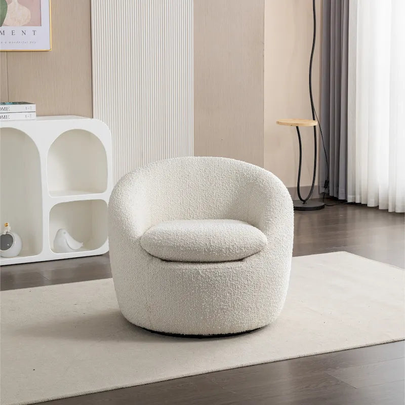 Sillón barril tapizado en bouclé blanco crema 31 con base giratoria