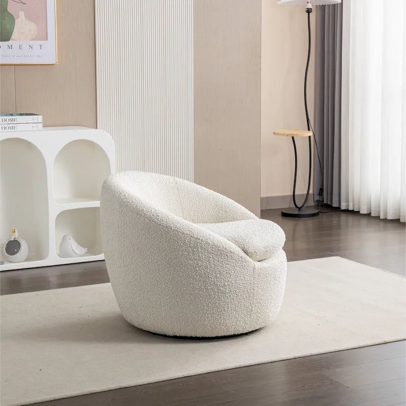 Sillón barril tapizado en bouclé blanco crema 31 con base giratoria