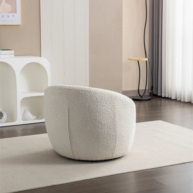 Sillón barril tapizado en bouclé blanco crema 31 con base giratoria