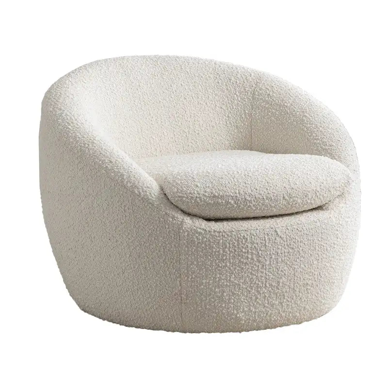 Sillón barril tapizado en bouclé blanco crema 31 con base giratoria