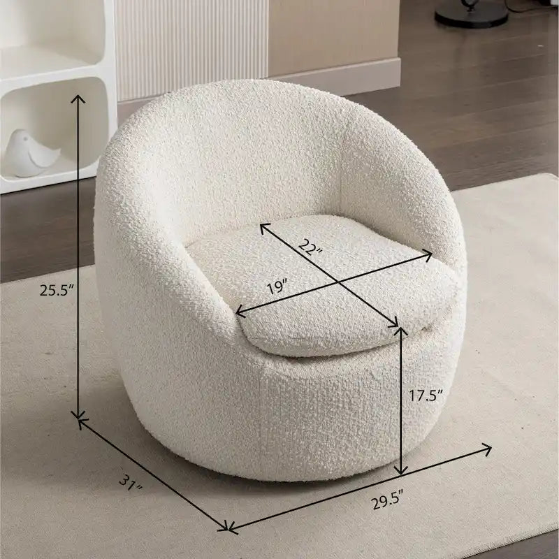 Sillón barril tapizado en bouclé blanco crema 31 con base giratoria