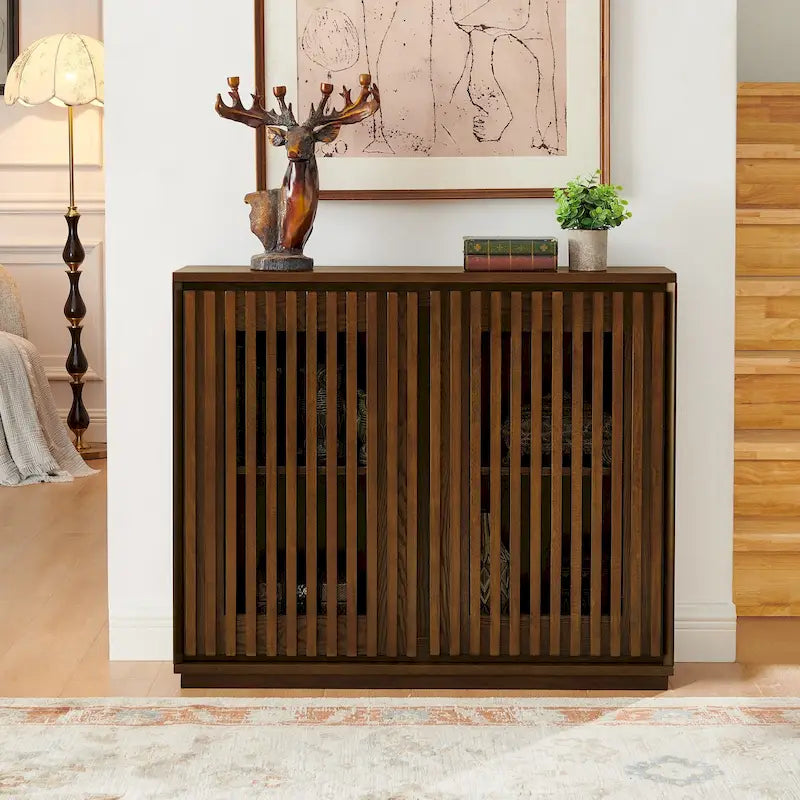 Aparador moderno acanalado y ahuecado con 2 orificios para cables, mueble de almacenamiento tipo buffet, gabinete de almacenamiento para sala de estar