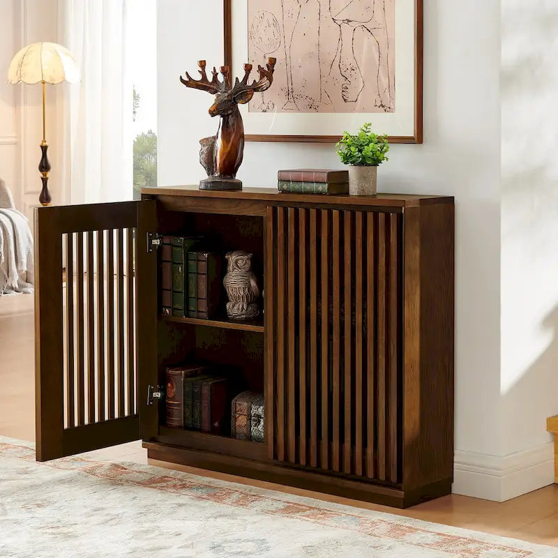 Aparador moderno acanalado y ahuecado con 2 orificios para cables, mueble de almacenamiento tipo buffet, gabinete de almacenamiento para sala de estar