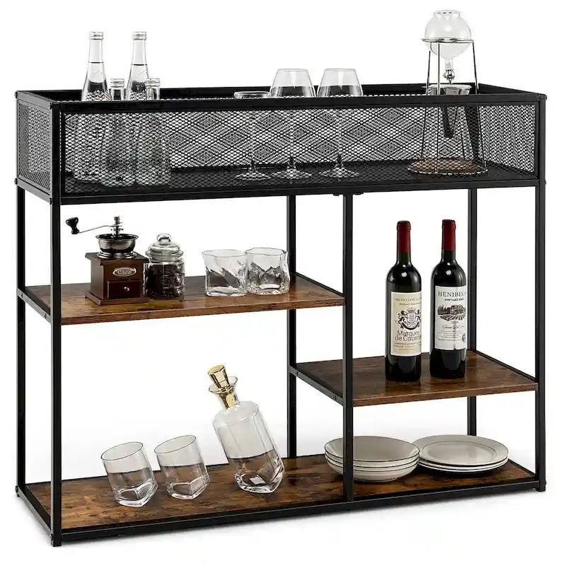 Mesa consola de 4 niveles con cesta de alambre, mesa de sofá estrecha con estante
